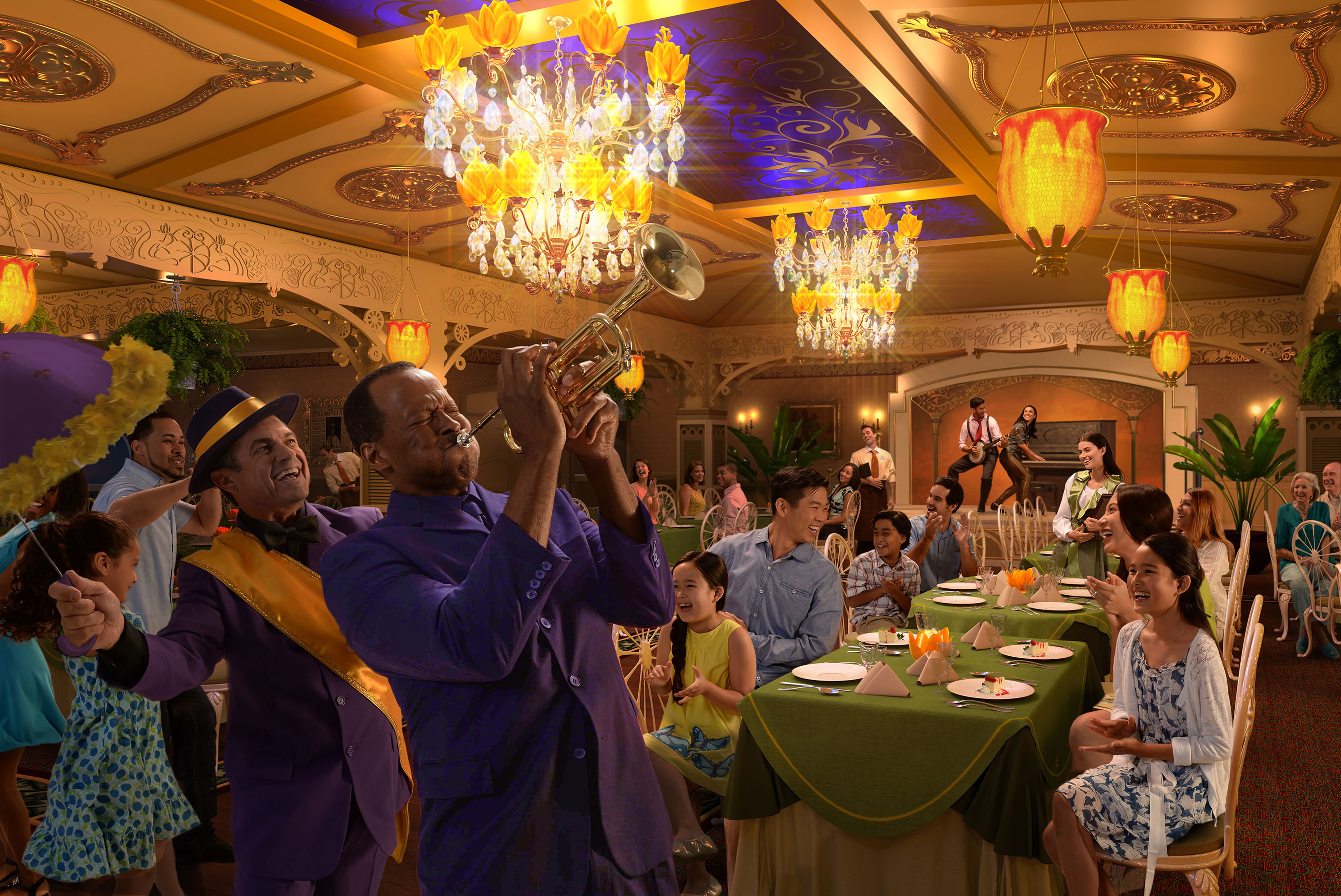 Exclusive to the Disney Wonder, Tiana’s Place restaurant is inspired by Princess Tiana from the Disney animated feature, “The Princess and the Frog.” The new restaurant will transport guests to an era of southern charm, spirited jazz and street party celebrations. Influenced by southern-style cuisine, chefs will cook up Tiana’s recipes, drawing inspiration from the flavors and ingredients of the Louisiana bayou. (Photo illustration, Disney)